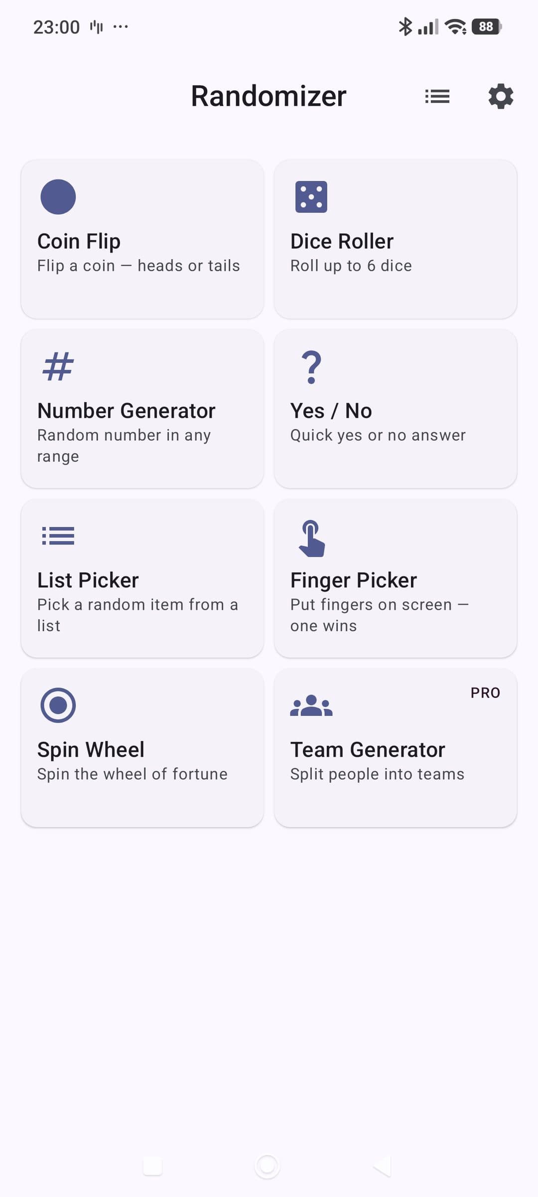 randomizer home screen with all the tools: coin flip, dice roller, number generator, yes/no, list picker, finger picker, spin wheel, team generator