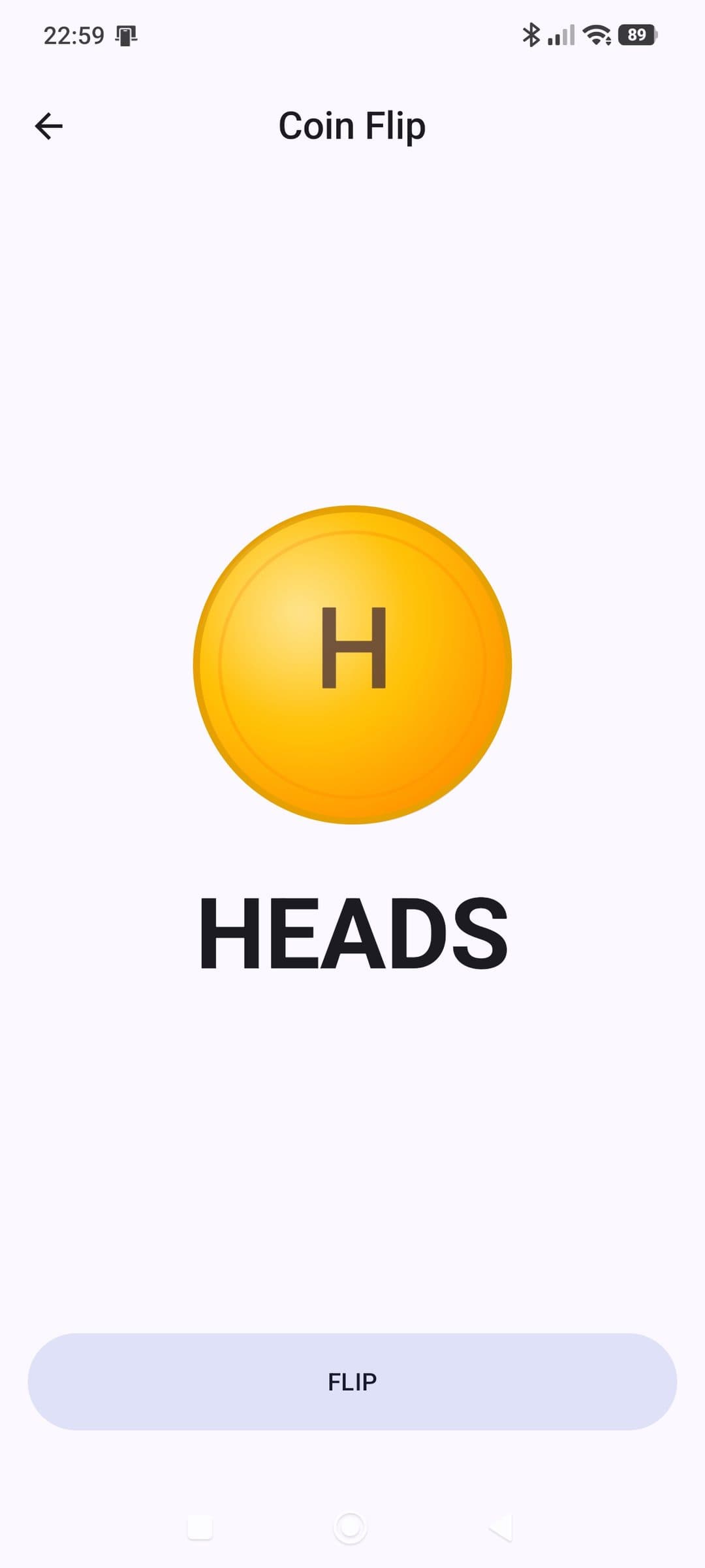 coin flip screen showing heads